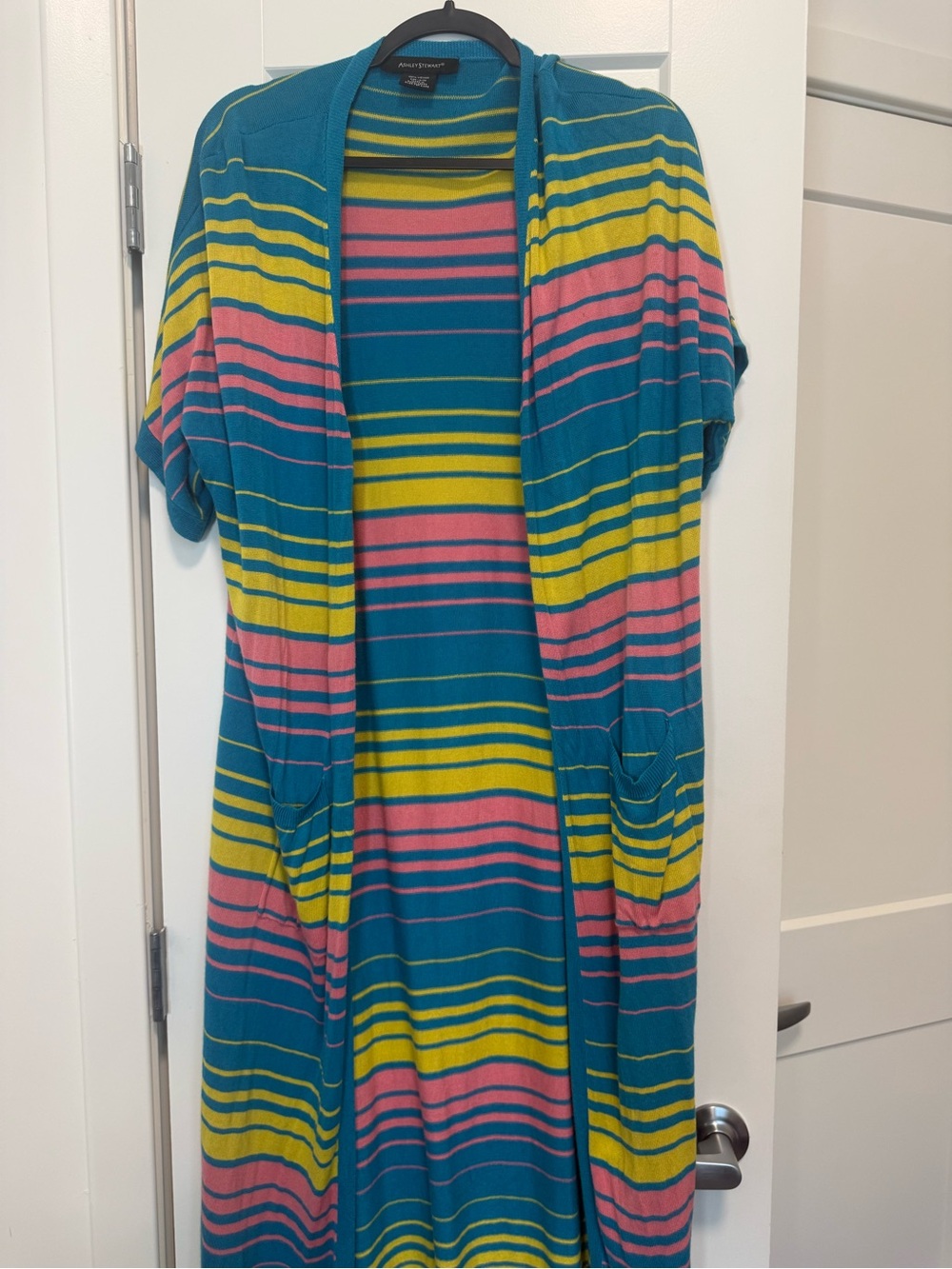 Ashley Stewart Teal Yellow Pink Striped Short-Sleeve Cardigan